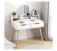 Elegante set da toeletta con tavolo da toeletta, scrivania per trucco con specchio rotondo, sgabello imbottito, per camera da letto di donne e ragazze, 2 cassetti grandi, toeletta per camera da letto