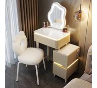Elegante set da toeletta in legno bianco con sgabello imbottito per camera da letto e spogliatoio, compatto 50 cm, tavolo da trucco color cachi morbido, ideale per piccoli spazi