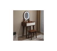Elegante set da toeletta in noce con luci a LED e specchio, 80 cm, tavolo da trucco con sgabello per camera da letto, elegante tavolo da toeletta in legno per decorazioni domestiche e routine di
