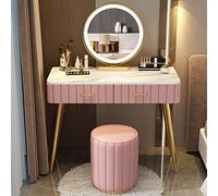 Elegante set da toeletta rosa con specchio LED in 3 colori, sgabello imbottito, elegante scrivania per camera da letto, in legno massello, con divisorio per lei (100 cm)