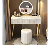 Elegante set da trucco bianco da 100 cm con sgabello imbottito con specchio in 3 colori, in legno massello, elegante mobile per camera da letto per donne