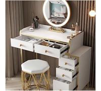 Elegante set da trucco in legno con specchio e sgabello, 5 cassetti, illuminazione a LED, perfetto per camera da letto, toeletta elegante da donna