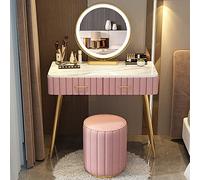 Elegante set da trucco rosa con specchio illuminato a LED a 3 colori e morbido sgabello imbottito, per camera da letto, toeletta da donna, design in legno massello