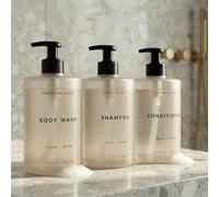 Elegante set di 3 dispenser per shampoo e balsamo - Moderne bottiglie da doccia da 20 once con pompa ed etichette - Dispenser per bagnoschiuma facili da ricaricare per un istantaneo aggiornamento