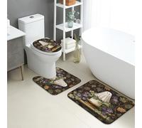 Elegante set di 3 tappetini da bagno con motivo floreale vintage, assorbente, antiscivolo, a forma di U, lavabile, ispirato all'autunno, in flanella ad asciugatura rapida
