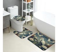 Elegante set di 3 tappetini da bagno, motivo floreale con airone bianco sereno, assorbente, antiscivolo, lavabile, ispirato alla natura, in memory foam, ad asciugatura rapida, set di tappeti da bagno