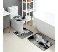 Elegante set di 3 tappetini da bagno, motivo floreale con ninfee bianche e nere, assorbenti e antiscivolo, a forma di U, lavabili, moderni, ad asciugatura rapida, in flanella