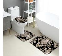 Elegante set di 3 tappetini da bagno, stile vintage floreale, barocco, assorbente, antiscivolo, lavabile, classico decorativo, ad asciugatura rapida, in flanella