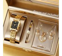 Elegante set di 6 pezzi con orologio quadrato e gioielli a forma di cuore, raffinato e versatile, regalo ideale per la Festa della Mamma, il Ramadan e San Valentino Tagli UnicaLega di zinco