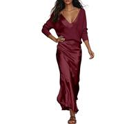 Elegante set di due pezzi composto da una parte superiore in tinta unita e un abito in raso in stile pronto per le donne, perfetto per tutti i giorni, tempo libero, appuntamenti e feste, Vino, S