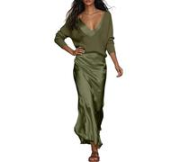 Elegante set di due pezzi composto da una parte superiore in tinta unita e un abito in raso in stile pronto per le donne, perfetto per tutti i giorni, tempo libero, appuntamenti e feste, verde