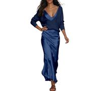 Elegante set di due pezzi composto da una parte superiore in tinta unita e un abito in raso in stile pronto per le donne, perfetto per tutti i giorni, tempo libero, appuntamenti e feste, Blu scuro, M