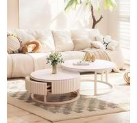 Elegante Set di tavolini da caffè Rotondi Beige impilabili da 3 Pezzi con Sgabello, Perfetti for Piccoli spazi in soggiorni e camere da Letto
