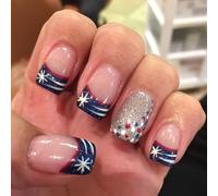 Elegante set di unghie finte con punte francesi e glitter, per uso quotidiano o celebrazioni, 24 pezzi per il giorno dell'indipendenza