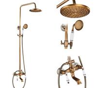 Elegante set doccia in ottone anticato, soffione a pioggia da 20,3 cm, miscelatore a doppia maniglia, kit doccia per bagno con ripiano portaoggetti, stile vintage retrò per un'esperienza di lusso