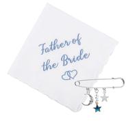 Elegante set regalo per sposa: spilla per abito da sposa con scritta "Something Old Something Blue", con motivo luna e stelle, 30 x 30 cm, fazzoletto ricamato "Father of the Bride", accessori senza