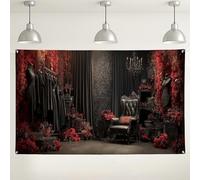 Elegante sfondo da parete floreale nero rosso, decorazioni vintage gotiche con rose per fotografia, perfetto per feste di Halloween ed eventi, 180 x 109 cm
