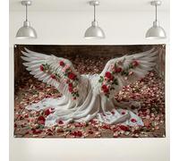 Elegante sfondo floreale con ali, romantico design con rose rosse e tessuto bianco per decorazioni di nozze, sfondo fotografico per interni ed esterni, per eventi speciali, 180 x 109 cm