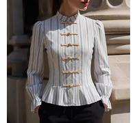 Elegante Shacket a righe con bottoni contrastanti color albicocca scuro e vestibilità slim arricciata, una sofisticata camicia da donna che fonde la moda moderna con dettagli senza tempo L,M,S,XLA str