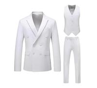 Elegante smoking da uomo, a tre pezzi, doppiopetto, risvolto, giacca, gilet, pantaloni, set per festa di nozze, bianco, L