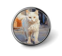 Elegante spilla rotonda con stampa di un gatto bianco dagli occhi gialli: leggera, resistente, accessorio elegante ideale per