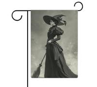 Elegante strega vestito scuro con scopa bandiera da giardino stagionale vacanza juta doppia faccia casa cortile bandiere esterne 30,5 x 45,7 cm