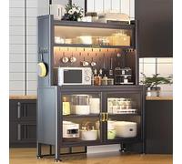 Elegante supporto per microonde con armadietto, grande scaffale grigio con 8 ganci e pannello forato, doppie ante trasparenti per cucina, sala da pranzo e soggiorno
