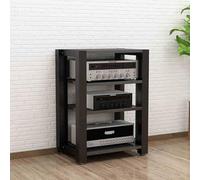 Elegante supporto per TV ad angolo nero con ripiani regolabili a 4 livelli, torre multimediale AV e giradischi stereo per l'intrattenimento domestico e la sala di registrazione