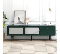 Elegante supporto per TV con ante scorrevoli in rattan e pratici cassetti, noce con ratto di plastica scuro, 2 cassetti, 2 ante scorrevoli in rattan, 4 scomparti per la conservazione (verde, 160 x 40