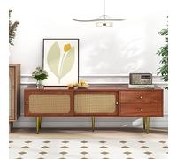 Elegante supporto per TV con ante scorrevoli in rattan e pratici cassetti, noce con ratto di plastica scuro, 2 cassetti, 2 ante scorrevoli in rattan, 4 scomparti per riporre (noce, 160 x 40 x 60 cm)