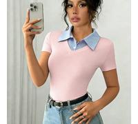 Elegante t-shirt casual da donna a maniche corte, con scollo a lupetto, inserti a contrasto e maniche a campana, a righe multicolore, adatta per l'ufficio e il tempo libero, ideale per l'estate L,M,S,