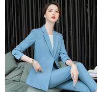 Elegante Tailleur completo donna pantaloni lunghi azzurro amplia 3786