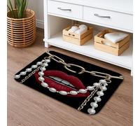 Elegante tappetino da bagno con catena di perle e labbra, design glamour con labbra rosse, assorbente, antiscivolo, chic, morbido, lavabile, per bagno, WC, decorativo, 40,6 x 61 cm