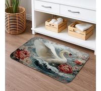 Elegante tappetino da bagno con cigno floreale, ad asciugatura rapida, tappetino da doccia assorbente con rosa vintage ad acquerello antiscivolo, tappetino decorativo in memory foam, lavabile, 40,6 x