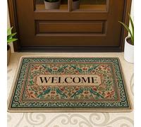 Elegante tappetino di benvenuto floreale verde e marrone, per interni ed esterni, per tutte le stagioni, stile vintage, antiscivolo, facile da pulire e assorbire la polvere, 73 x 43 cm