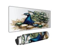 Elegante tappetino per mouse da gioco grande, motivo con pavone, blu e verde, con bordo cucito, in gomma, antiscivolo, lavabile, per computer da casa e ufficio, computer portatile, 30,5 x 81 cm