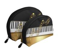 Elegante tasto di pianoforte con note dorate nero, Borsa per trucco a conchiglia Portamonete da donna Borsa da toilette piccola Borsa per cosmetici 2 pezzi
