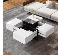 Elegante tavolino da caffè lucido 70 x 70 x 35 cm, design bianco e nero, vano portaoggetti integrato e 4 cassetti robusti, portata massima 30 kg, tavolino quadrato lucido (bianco+nero)