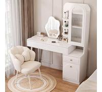 Elegante tavolino da trucco con luci e specchio, cassetto bianco, in legno, ideale per camera da letto o spogliatoio (sgabello con fiori, 70 x 40 x 157,5 cm)