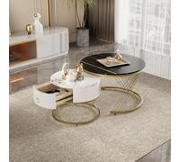 Elegante tavolino modulare: effetto marmo, decoro dorato, tavolino con cassetti - Set di 2 (nero + MDF)