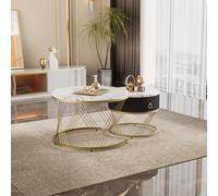 Elegante tavolino modulare: effetto marmo, decoro dorato, tavolino con cassetti - Set di 2 (White + MDF)