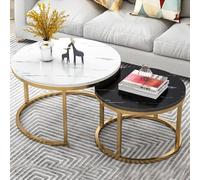 Elegante tavolino rotondo con design in legno nero e marmo, robusta struttura in metallo, facile da montare, divano per soggiorno, finitura oro (70+50 cm)