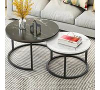 Elegante tavolino rotondo con design in legno nero e marmo, robusta struttura in metallo, facile da montare, tavolino moderno per soggiorno (nero+bianco, 70+50 cm)