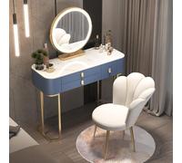 Elegante tavolo da toeletta a LED, con specchio e sgabello imbottito, elegante scrivania per trucco con 3 cassetti, per camera da letto delle ragazze, design funzionale e chic (blu, 80 cm)