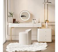 Elegante tavolo da toeletta Bianca con specchio rotondo in legno massello, luci e cassetti regolabili, design elegante bianco e oro, perfetto per la routine di bellezza