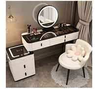 Elegante tavolo da trucco a specchio da 80 cm, con stazione di ricarica wireless, altoparlante Bluetooth, sgabello imbottito e comodino mobile, elegante vanità per gli amanti della bellezza