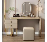 Elegante tavolo da trucco con specchio regolabile in 3 colori, tavolo da toeletta in legno avorio con cassetti color champagne, set per trucco per camera da letto 100 cm