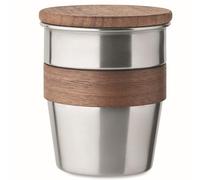 Elegante tazza da 350 ml riutilizzabile in acciaio inox riciclato con manico e coperchio in legno di noce, tazza da caffè monouso, 90% acciaio inox riciclato, 4 colori disponibili (argento opaco)