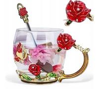 Elegante tazza da tè/caffè con cucchiaino, in vetro rosa rosso.
