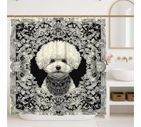 Elegante tenda da doccia a forma di cane, decorazione da bagno con ritratto di Bichon Frise, design moderno vintage floreale per gli amanti degli animali in tutte le stagioni, 183 x 183 cm